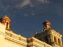 The towers of CopacabanaÂ´s main cathedral at sunrise.